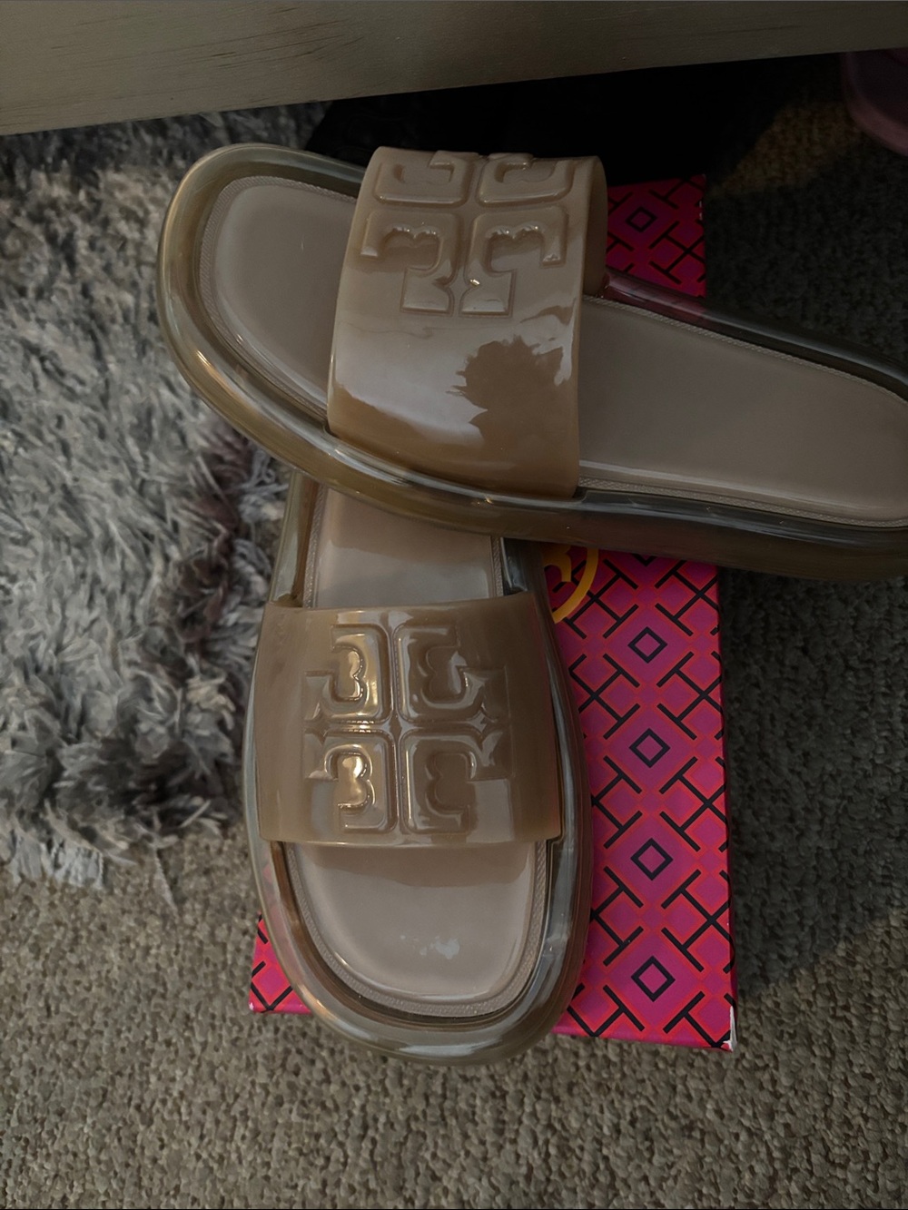 Tory Burch Patent Slide Sandals in Nude